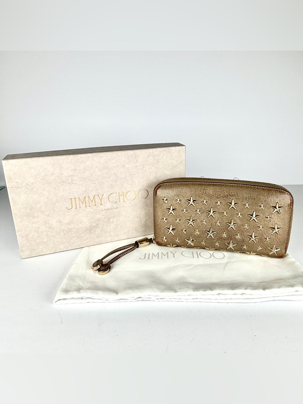 Jimmy Choo Gold Metallic Zip Around Leather Continental Wallet Full Inclusion - Picture 3 of 15